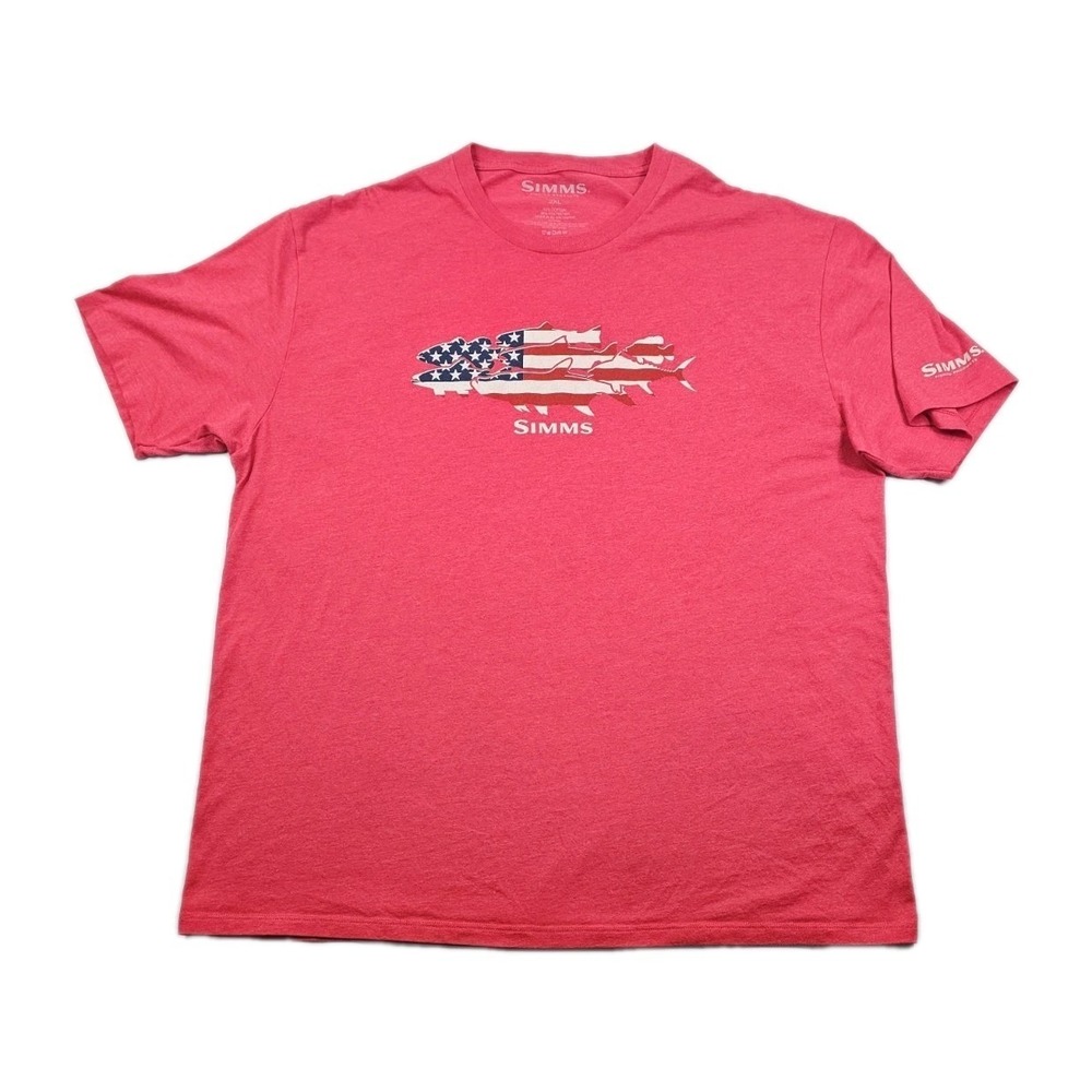 Simms Fly Fishing USA Flag Fish Graphic Logo Mens 2XL Red Short Sleeve T Shirt